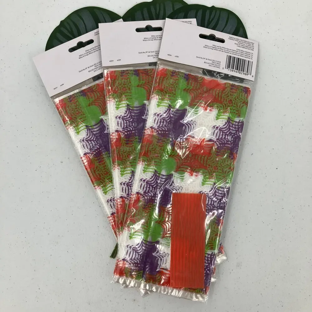 Wilton Multi Color Spider Web Halloween Plastic Treat Candy Party Favor Bags Set